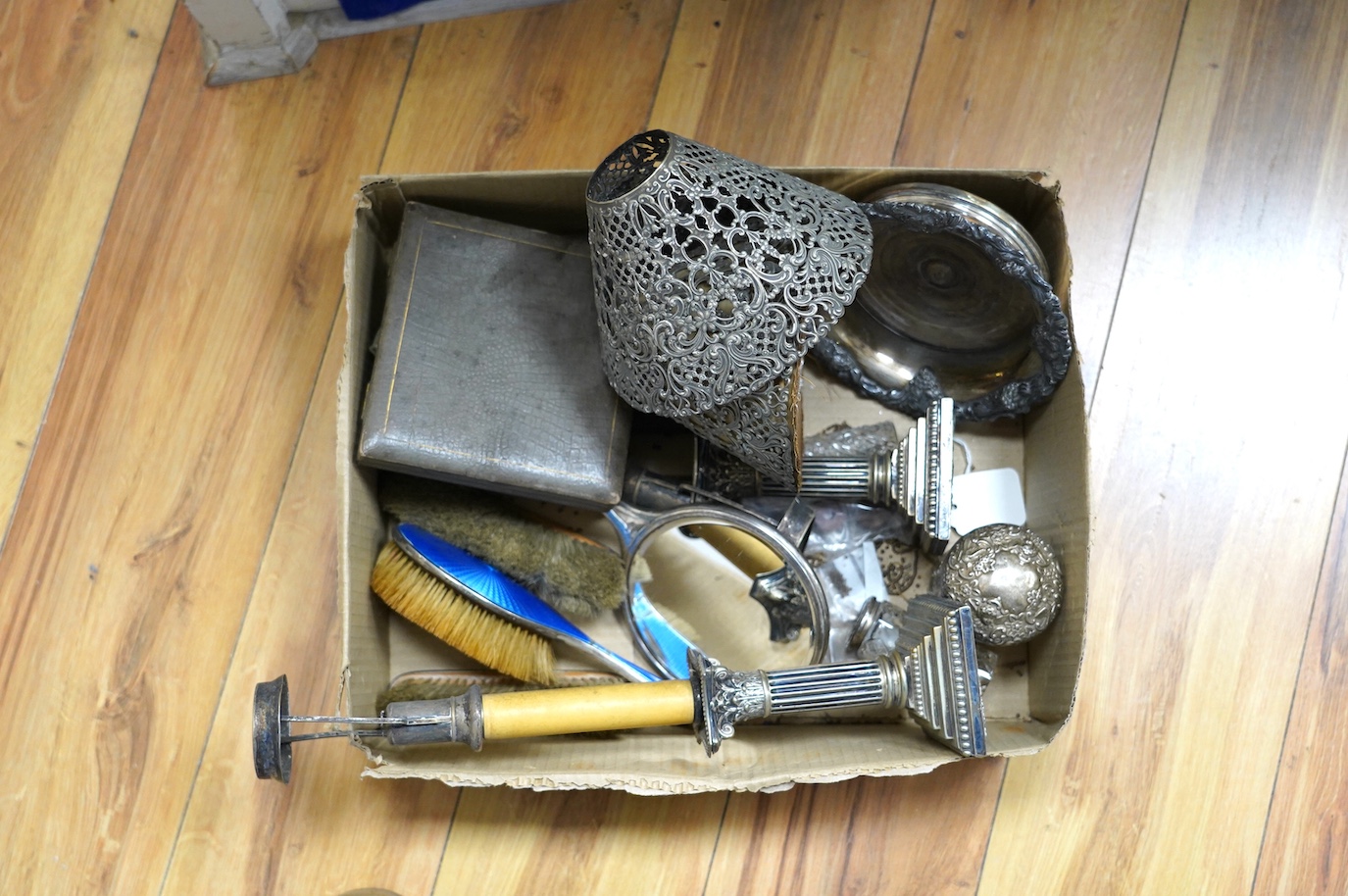 Four silver and enamelled dressing table items, three silver mounted toilet jars and minor plated wares. Condition - poor to fair